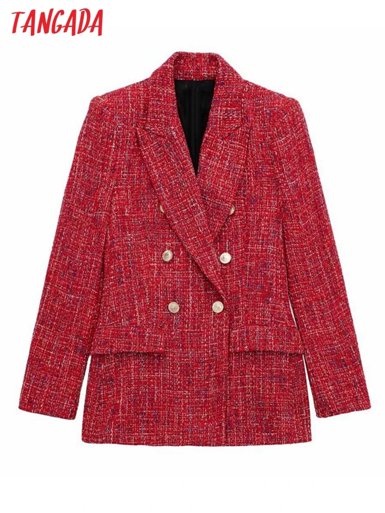 Tangada 2023 Autumn Winter Women Red Tweed Long Suit Coat Long Sleeve Pockets Office Lady Blazer 3H184