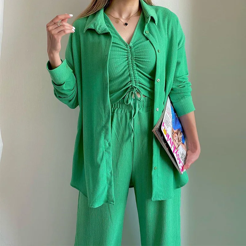 Women's three-piece set 2024 summer new long-sleeved shirt drawstring short-sleeved wide-leg pants casual suit