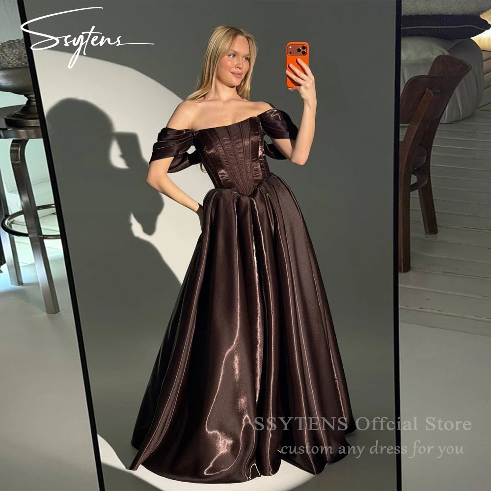 

SSYTENS Brown Satin Evening Dresses Off The Shoulder Long A Line платье женское вечернее Backless Vestido De Festa Customized