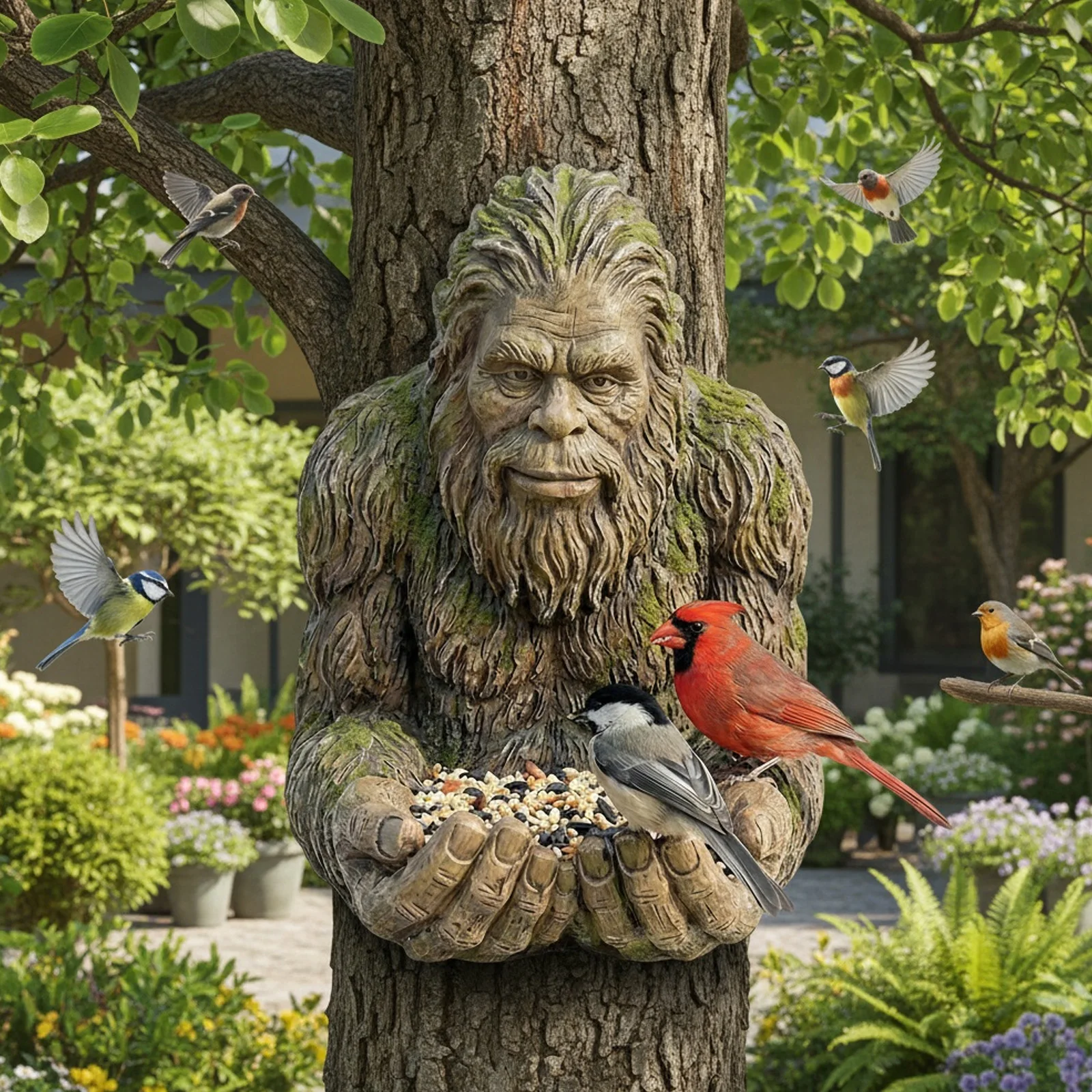 Bird Feeder Resin Sasquatchs Sculpture Birdseed Tray Bird Feeding Sculpture Ornament For Backyard Garden Art Decor In The Tree