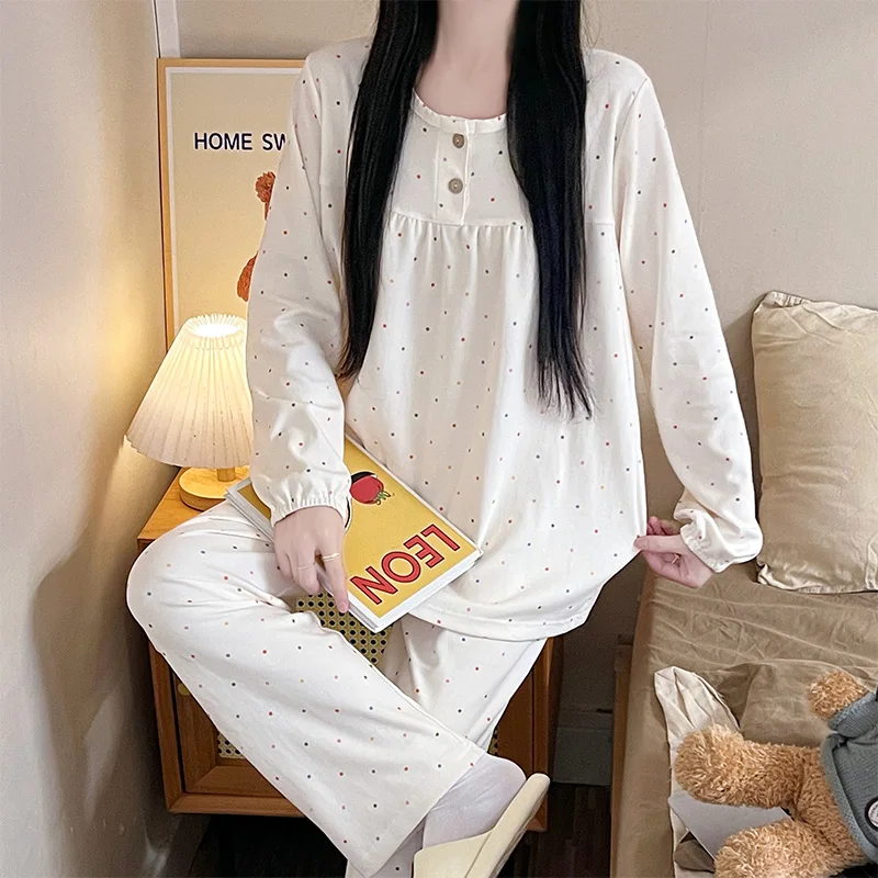 2024 Spring Autumn Women Pajama Sets New Long Sleeve Pants Pijama Korean Cute Girl Loose Sleepwear Imitation Cotton Home Clothes