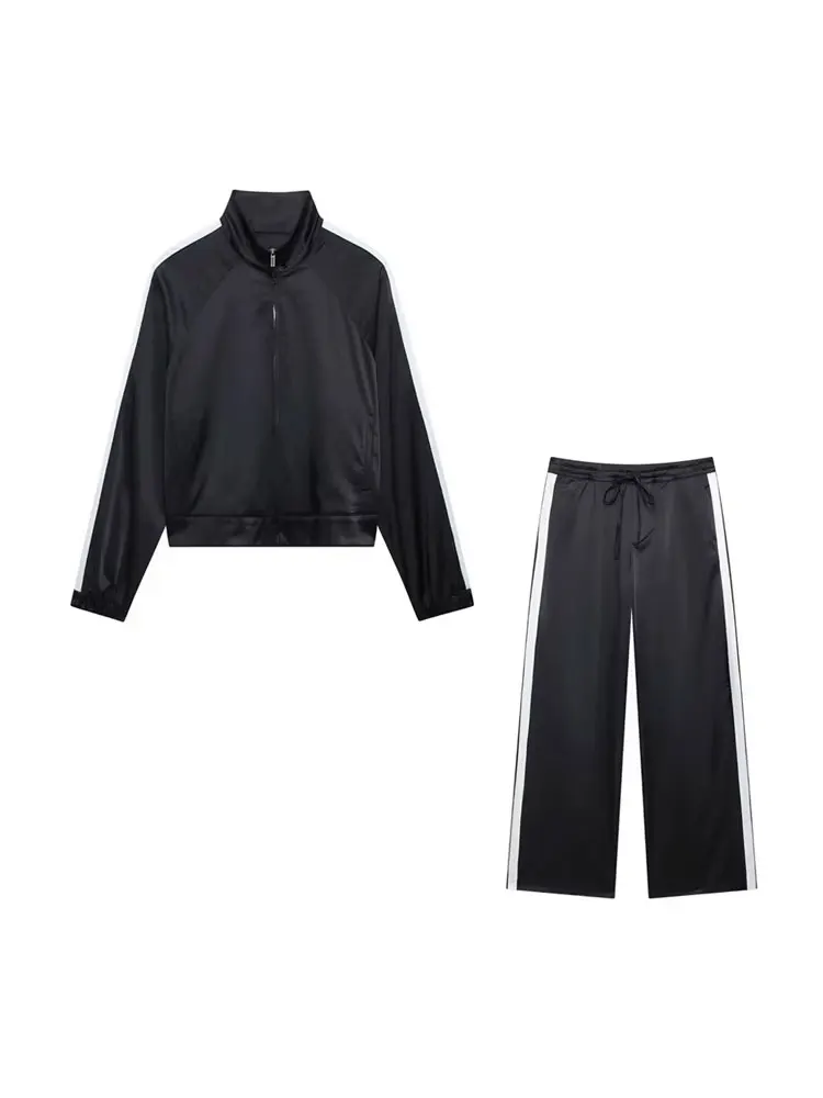

TRZA Women Fashion With Side Stiped Satin Jacket Coat And Mid Elastic Waist Drawstring Pants Female Two Piece Sets Mujer