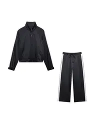 Women Fashion With Side Stiped Satin Jacket Coat And Mid Elastic Waist Drawstring Pants Female Two Piece Sets Mujer