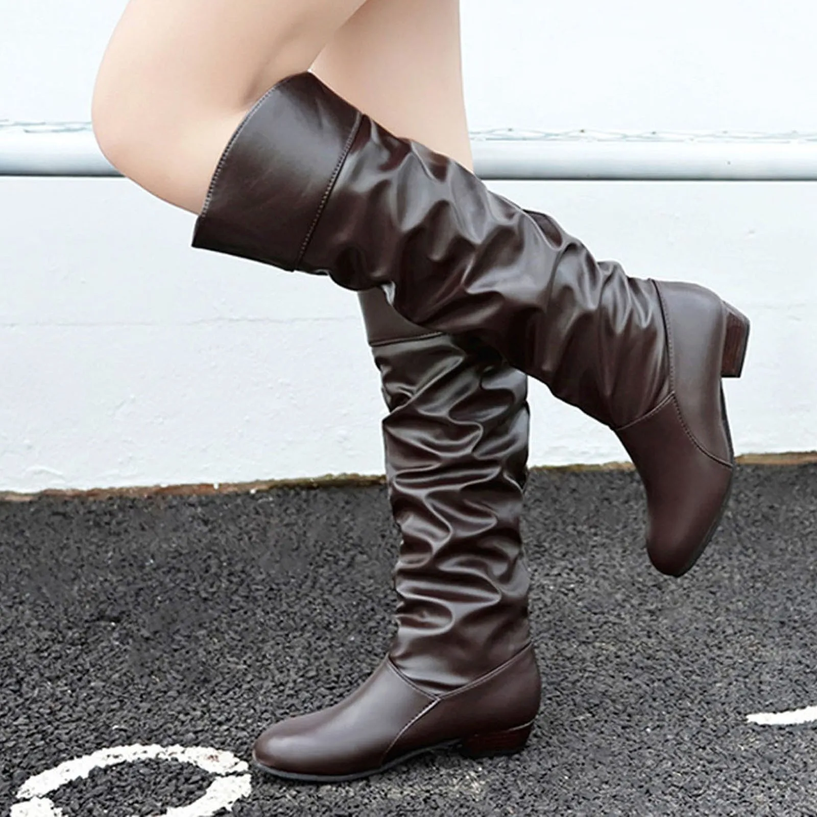 Elegant Women Knee High Boots Fashion New Arrival Autumn Winter Black White Brown Square Heels Pleated PU Leather Booties