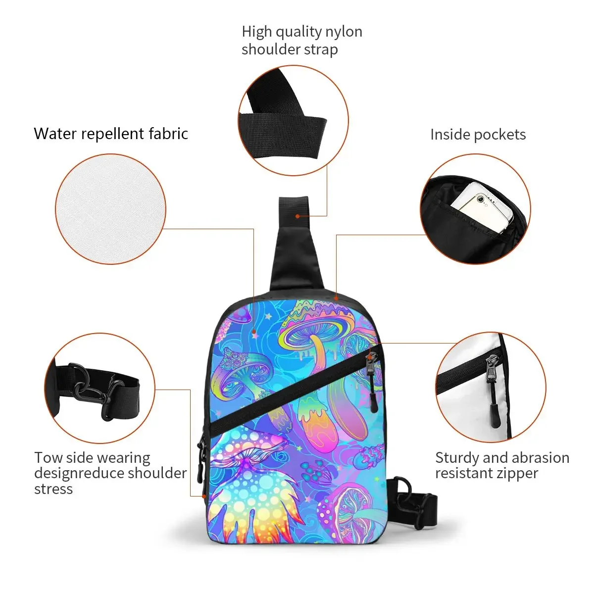 Magic Mushroom Psychedelic Sling Chest Crossbody Bag Men Casual Boho Shoulder Backpack for Hiking