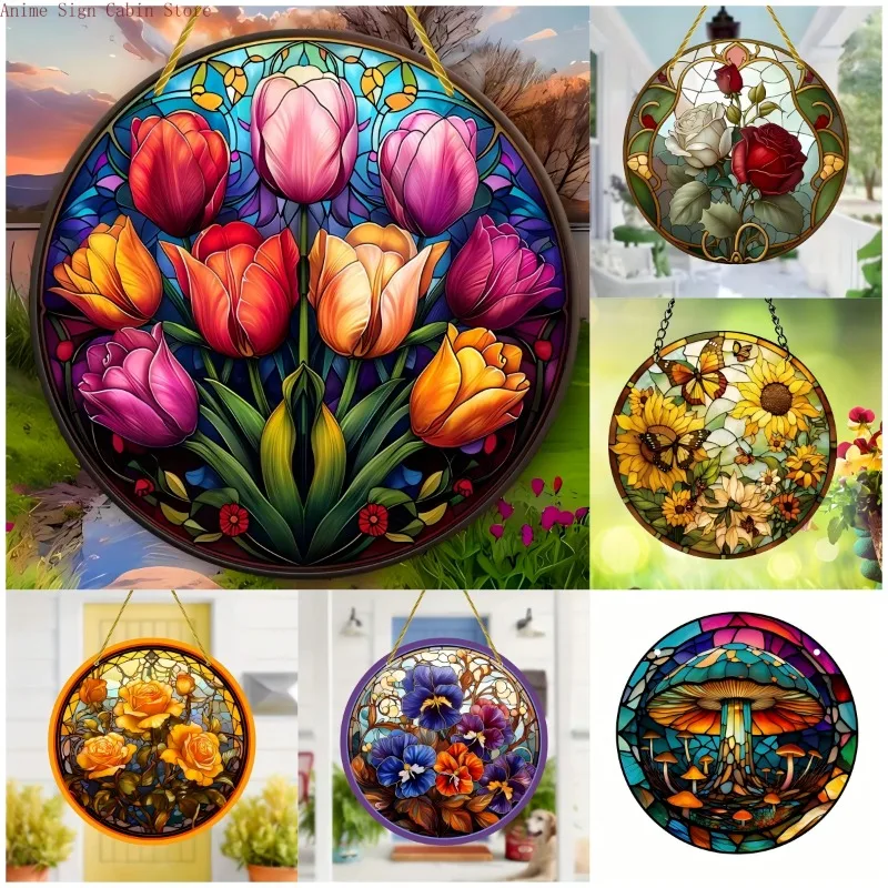 Enchanted Garden Suncatcher: Rose, Butterfly & Mushroom in Round Acrylic Art, Stained Glass Wall Hanging for Magical Home Decor