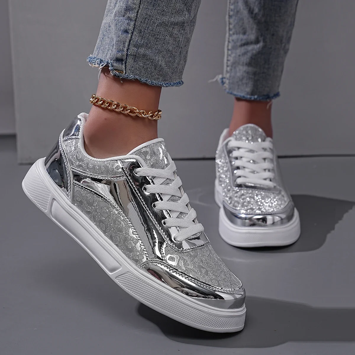 Nieuwe Stijlvolle Dames Skateboard Sneakers Zilver Hardloopsportschoenen Voor Meisjes Comfortabele Lente Buiten Straatsportschoenen