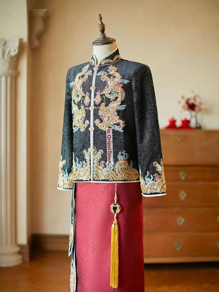الاحتفال بالزفاف الصيني العريس ثوب الاستقبال نخب الملابس مزدوجة التنين التطريز معطف + تنورة دعوى عرض أزياء الرجال