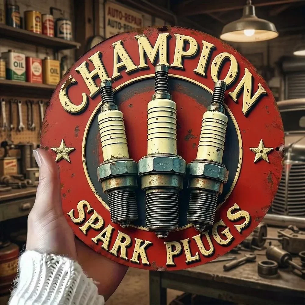 HELLOYOUNG Champion Spark Plugs Vintage Round Metal Tin Sign Retro Auto Parts Logo Wall Plaque Garage Decor