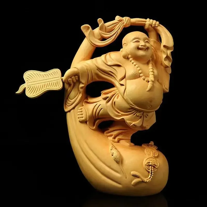 Cliff Cypress Wood Carving Dancing Maitreya Buddha Statue Chinese Wooden Buddha decoration craft