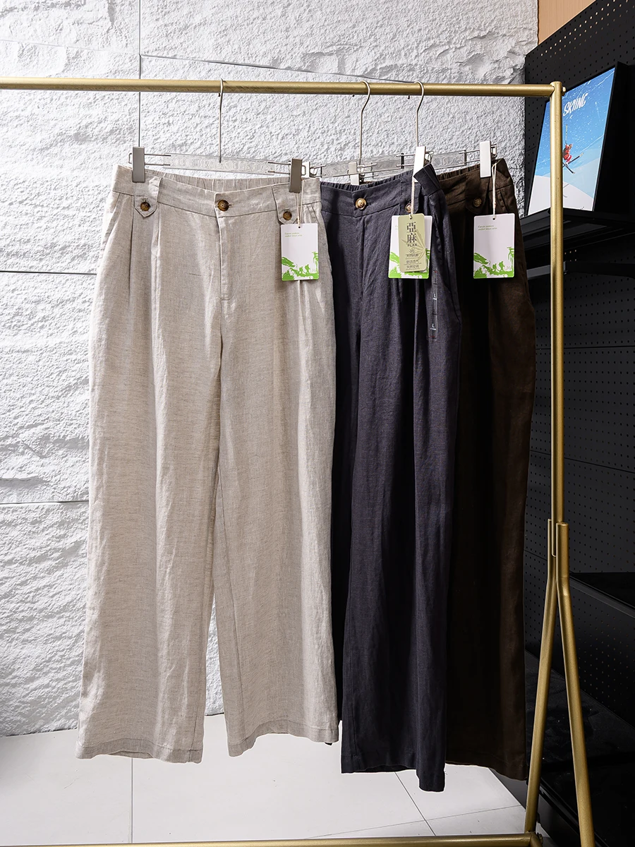 Heavyweight Washed Linen Casual Pants Men's Loose Straight Leg Retro Skin-friendly Summer Breathable Zipper mid Waist Long Tr...