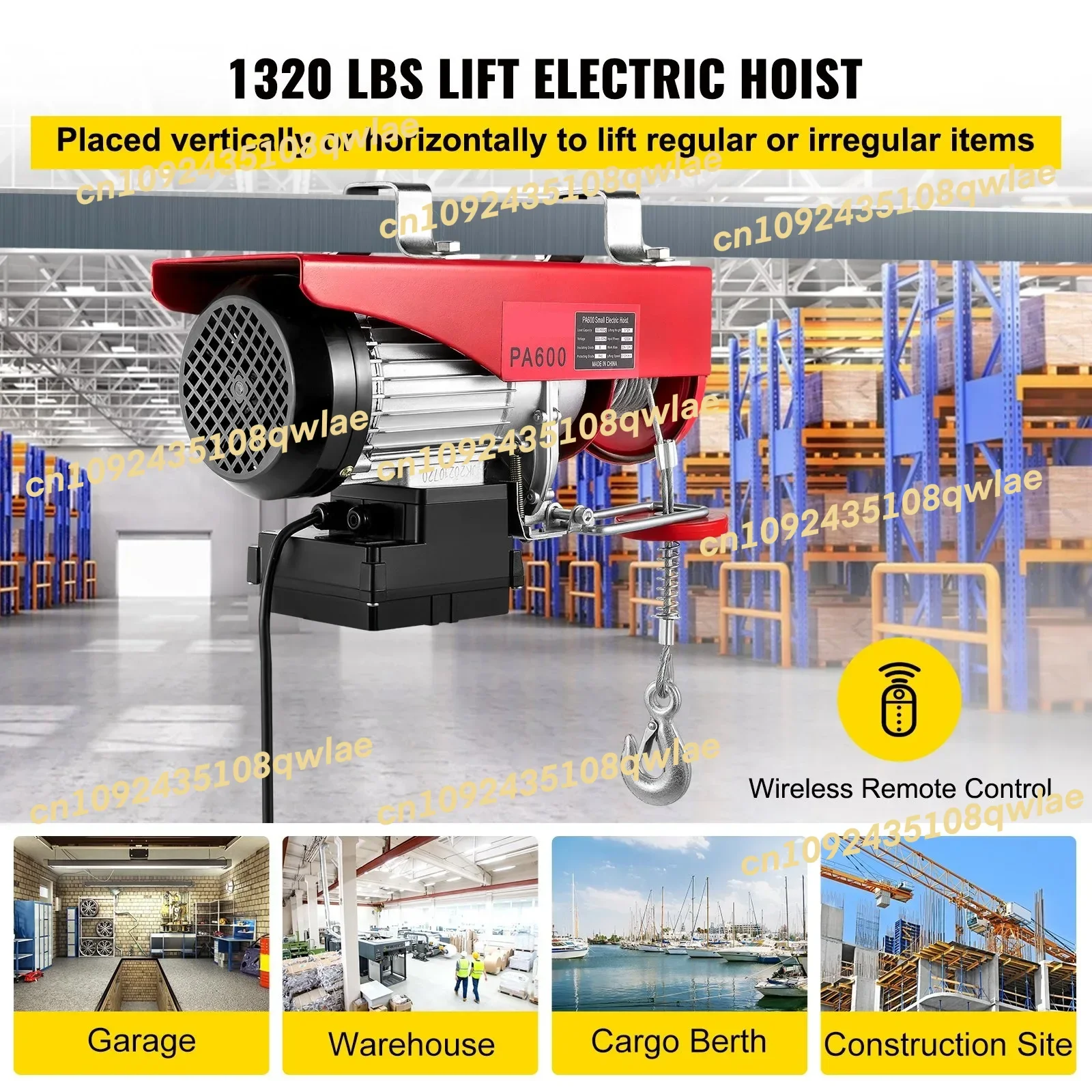 Paranco 1320LBS Verricello Elettrico 600kg Ascensore In Acciaio 220V/110V Con Telecomando Senza Fili 12 m/min