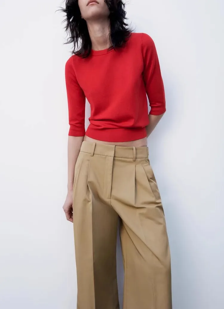 

Весна 2024, женский модный универсальный круглый базовый вязаный свитер Ne, све, полиэфирное волокно, девять очков, низкий круглый Ne