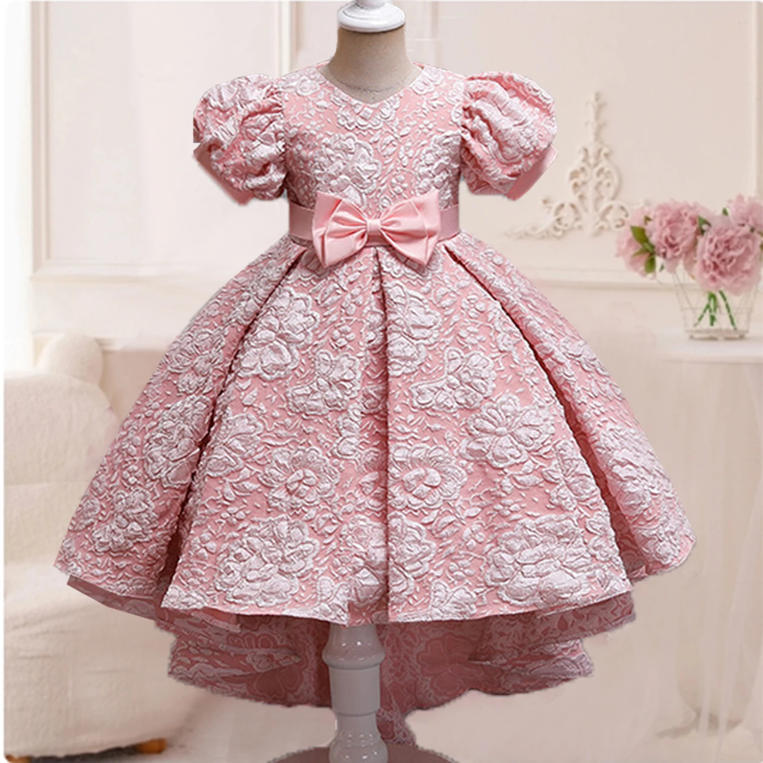 

3-10 Years Little Big Girls Puff Sleeves Embroidered Wedding Flower Girl Birthday Party Pageant Formal High-Low Dress