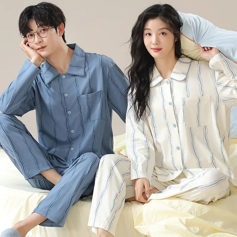 Koreanische Mode Baumwolle Nachtwäsche für Frauen und Männer 2024 Strickjacke Herbst Pyjama Set für Paare Langarm große Größe M-3XL Pijama