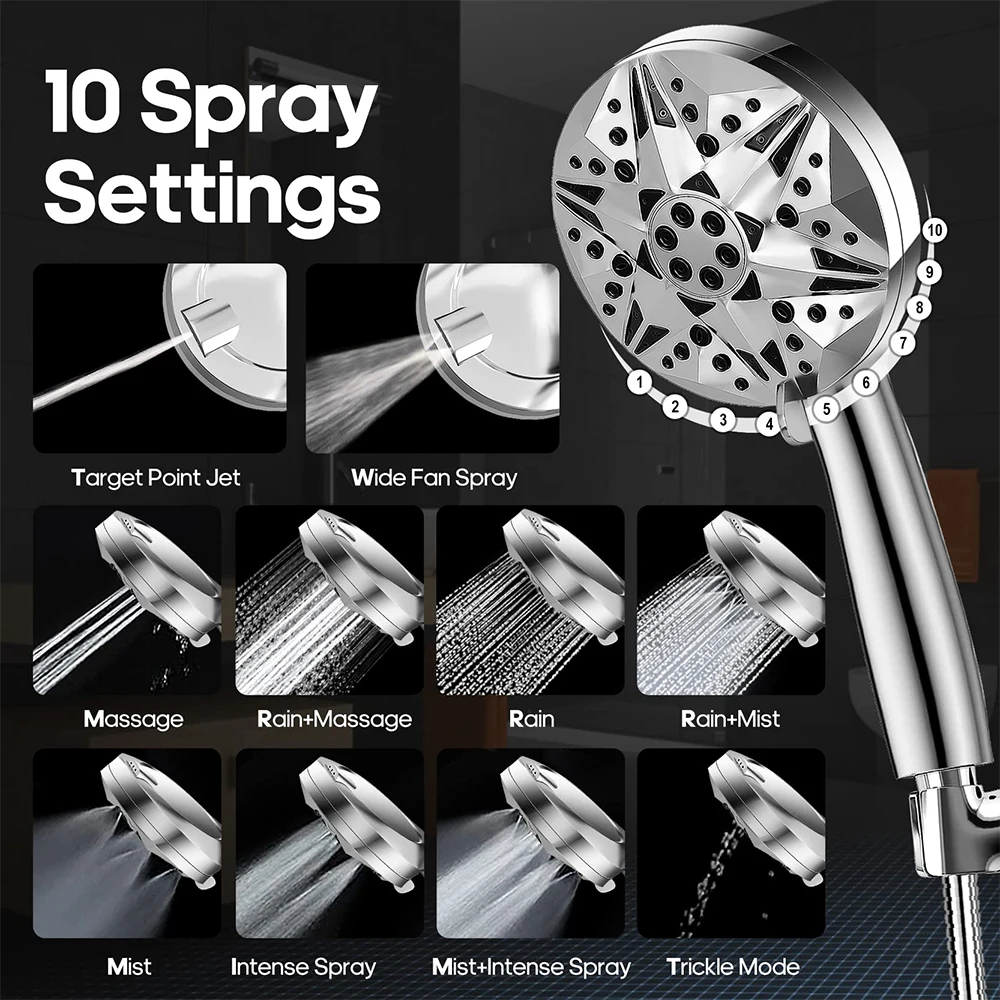 10 Modes Filtered Showerhead High Pressure Handheld Shower Head Water Saving Rainfall Sprayer Bathroom Accessories