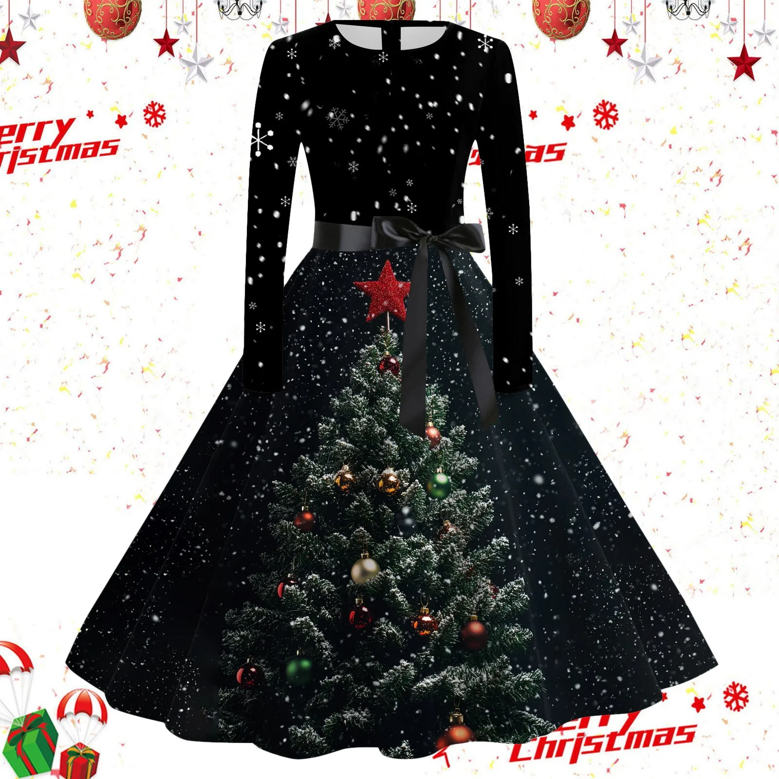 Vestidos estampados de Navidad de Año Nuevo para mujer, manga larga, árbol de Navidad, fiesta de graduación, vestidos de noche elegantes, línea A, gran Swing