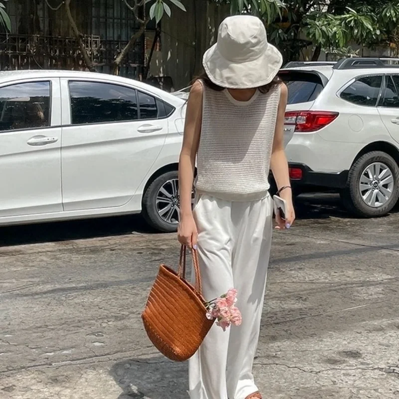 Tanks Women Hollow Out Thin Summer Chic Ulzzang All-match Daily Knitted Solid Casual Simple Retro Harajuku Tops New Топ Женский