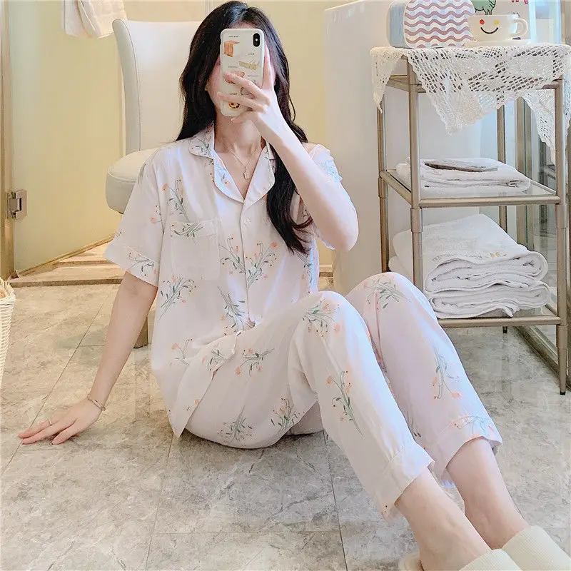 Women's Summer Explosion Sweet Temperament Loungewear Flower Cotton Silk Suit Short-sleeved New Cardigan Cotton and Silk Pajamas