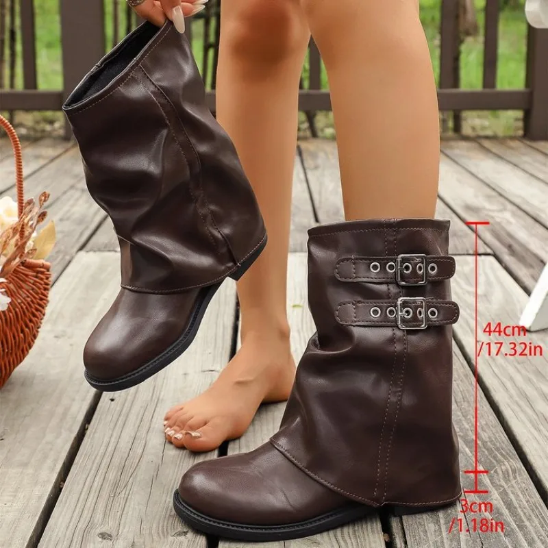 Autumn and Winter Vintage Thick Heel Women Western Ankle Boots Eelgant Belt Buckle Shoes Ladies Cosy Soft Leather Short Booties