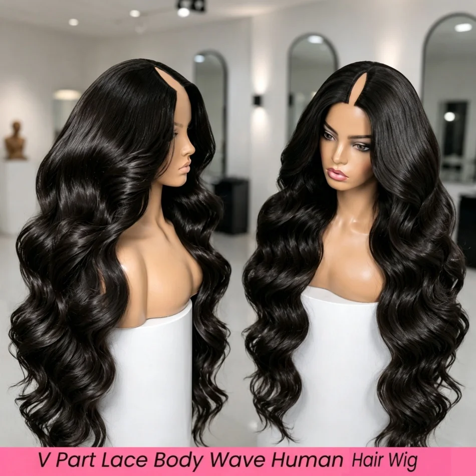 Parrucca con riga a V, realizzata con capelli umani, modello «body wave», versione migliorata, con clip, capelli umani vergini brasiliani, ideale per le donne, facile da applicare, modello «body wave»
