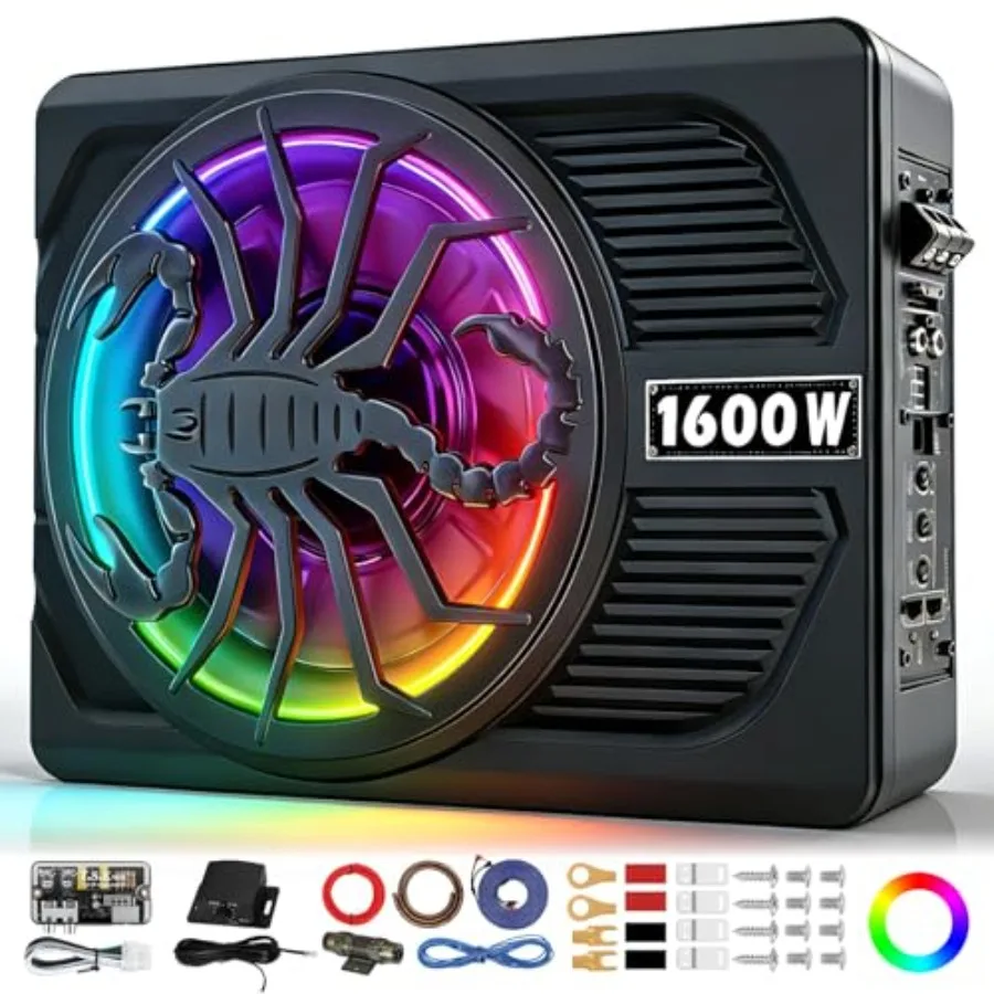 

1600 Вт Тонкий автомобильный сабвуфер под сиденье с усилителем, активный сабвуфер со встроенным усилителем, глубокий бас, RGB-подсветка, низкочастотный звук