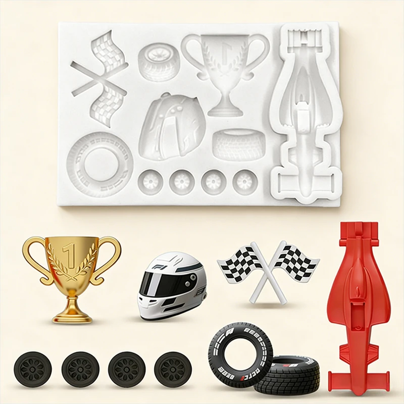 Racing trophies, flags, track silicone molds, car helmets, racing sports tracks, creative DIY handmade chocolate candy molds