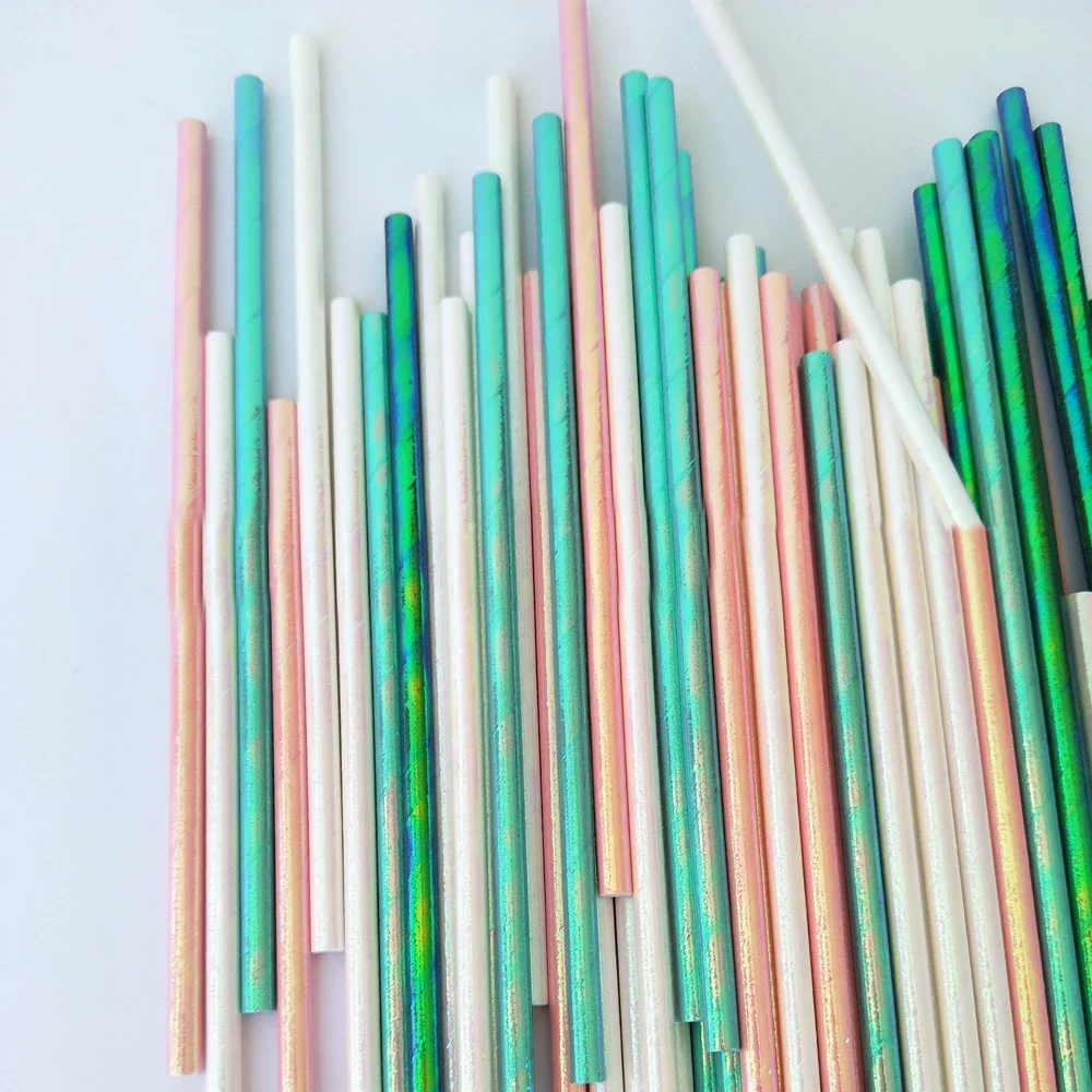 

100 Pcs Iridescent Disposable Paper Straws Unicorn Mermaid Party DIY For Baby Bried Shower Baptism Birthday Wedding Decor