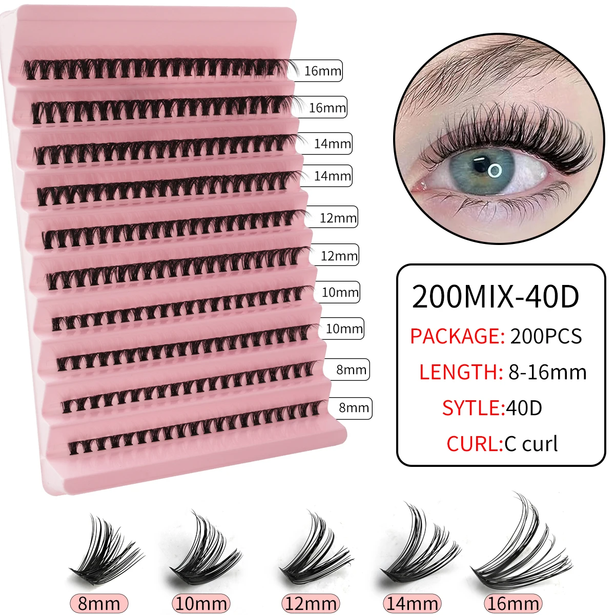 8–16 mm einzelnes Cluster-Wimpern-Set, natürliche künstliche Nerzwimpern, wiederverwendbar, DIY-Tablett, Wimpernverlängerung, dickes Volumen, falsche Wimpern-Set – Detail 10