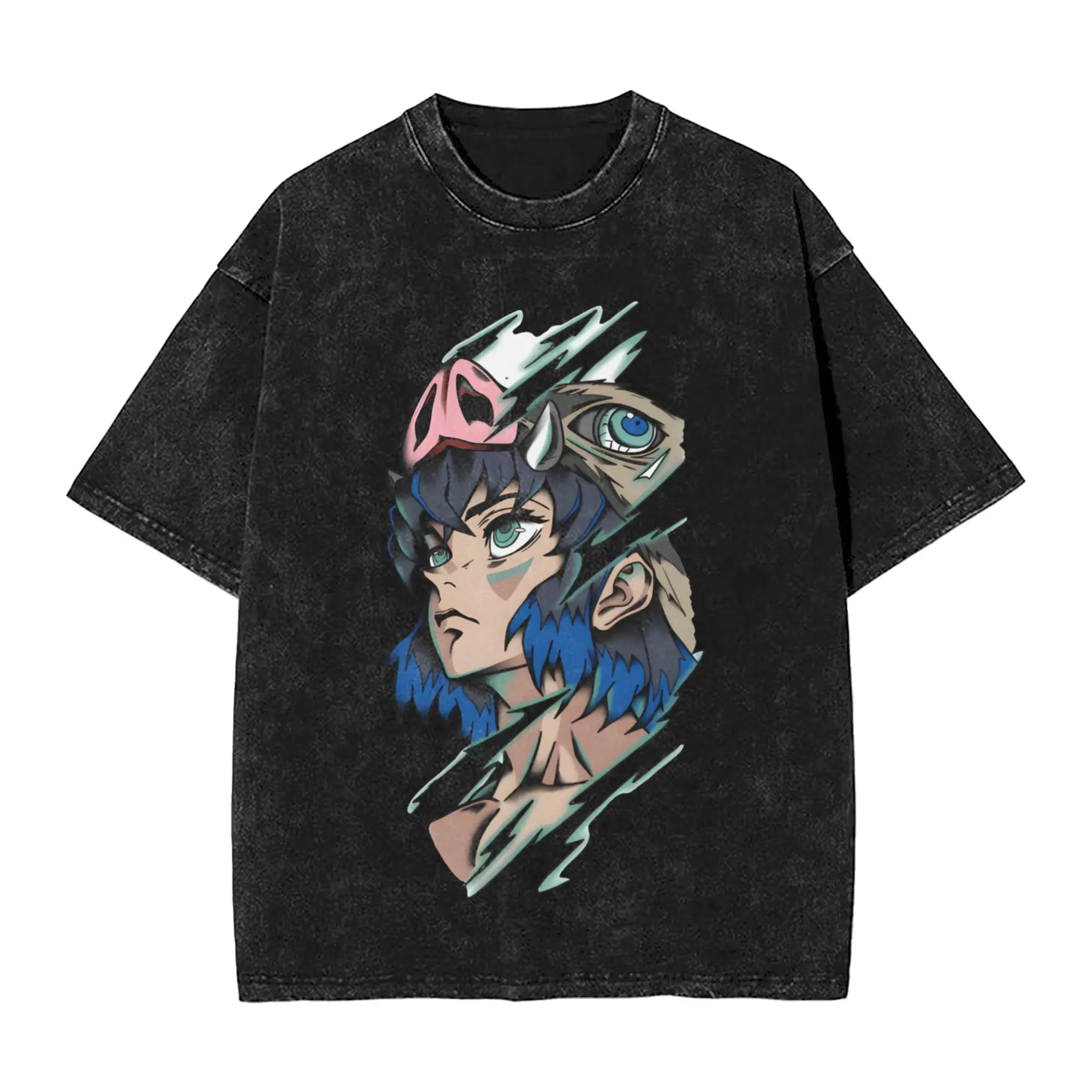 Inosuke  Washed T-Shirt Couple Demon Slayered Street Style Cotton T-Shirts Summer O-Neck Tee Shirt Simple Oversize Clothing