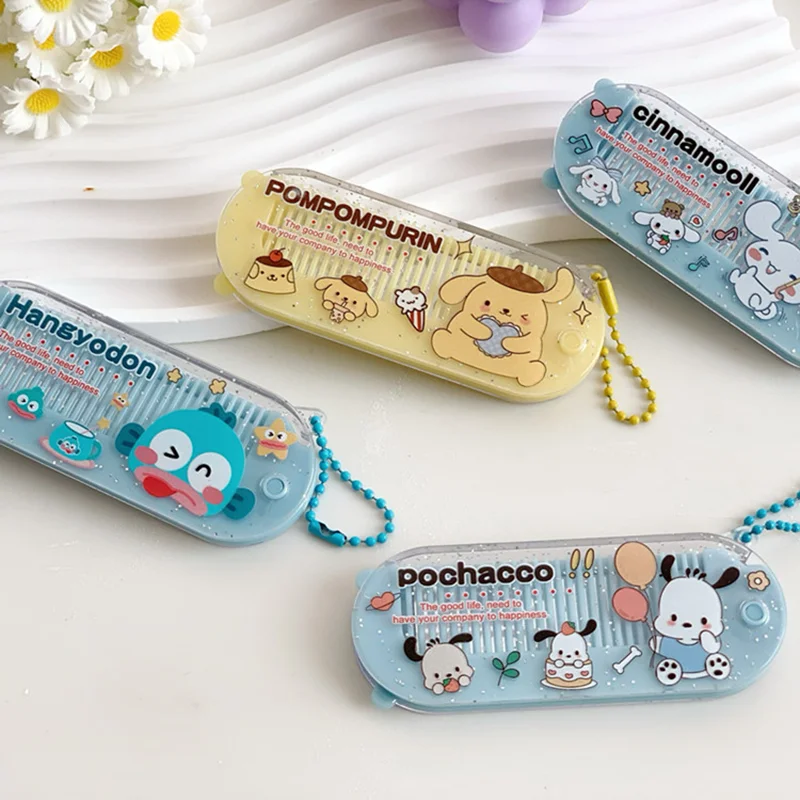 새로운 만화 Sanrio 헬로 키티 접이식 거울 및 빗 Cinnamoroll Kuromi 멜로디 미니 휴대용 메이크업 거울 소녀 선물 어린이 장난감