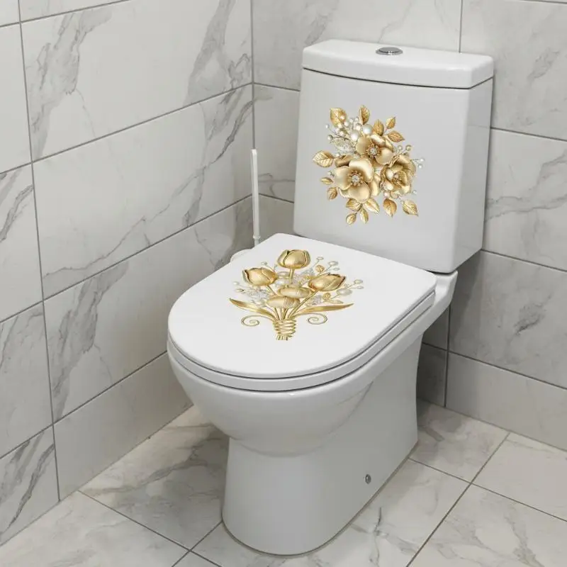 2 Sheets Bathroom Wall Background Decal Gold Flower Pearl Waterproof Toilt Sticker Home Decoration Self-adhesive Posters