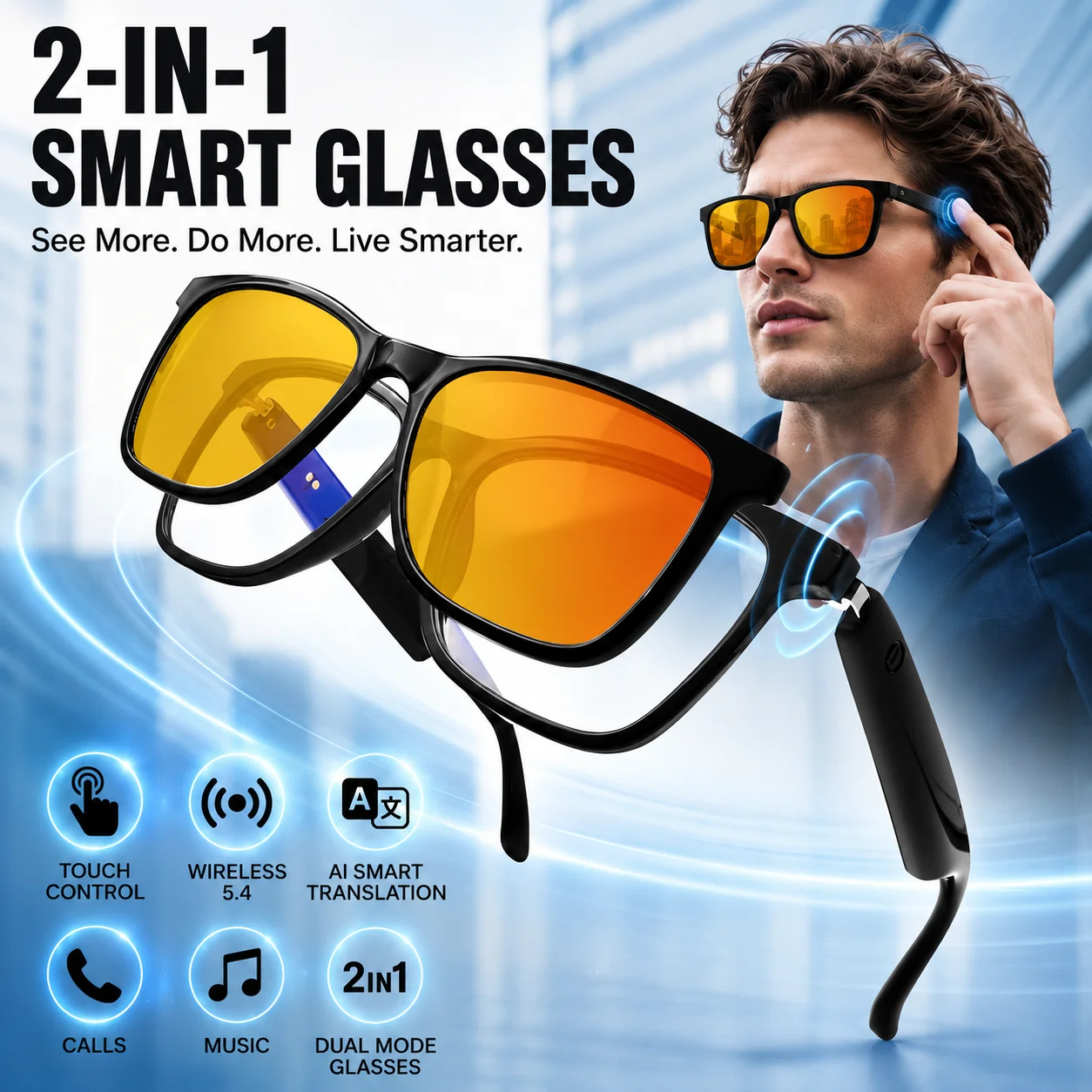 Smart Audio Glasses Touch Control - タッチ操作が可能なスマートオーディオグラス、ハンズフリー通話に対応したオープン型ヘッドホン、屋外用ビーチサングラス