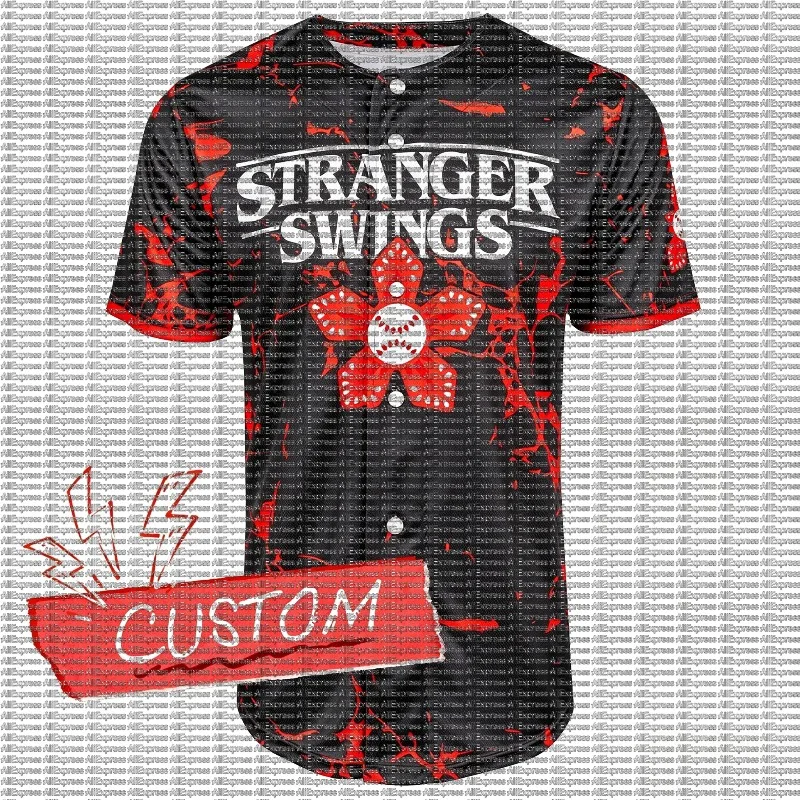Horror Style Red Black Cracked Printed Baseball Jersey, Monster Flower Patterned Baseball Jersey