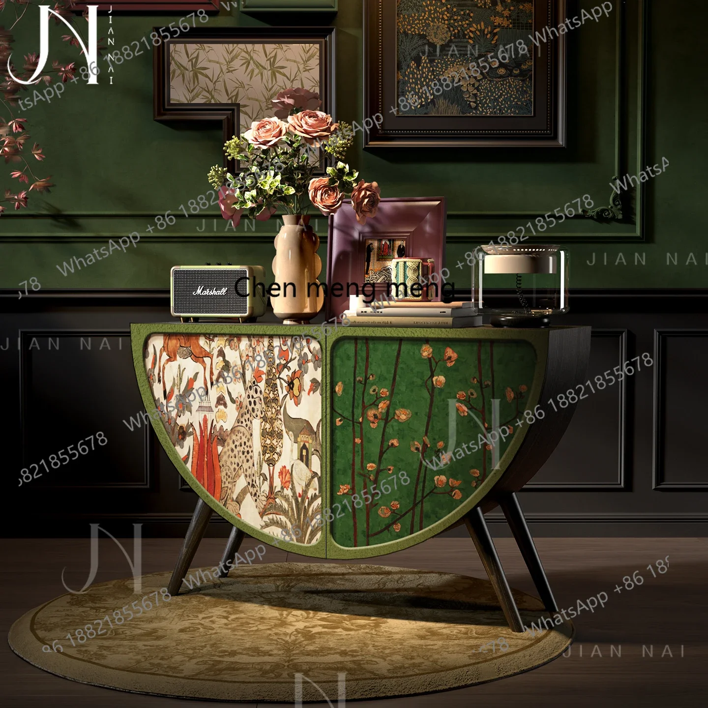G153 French retro solid wood semi-round entrance cabinet living room against the wall for storage integrated dining room wine ca
