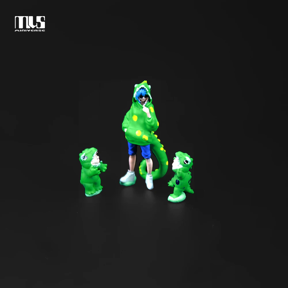 MVS 1/64 شخصيات مصغرة 1 كبيرة و 2 بدلة ديناصور خضراء/وردية صغيرة