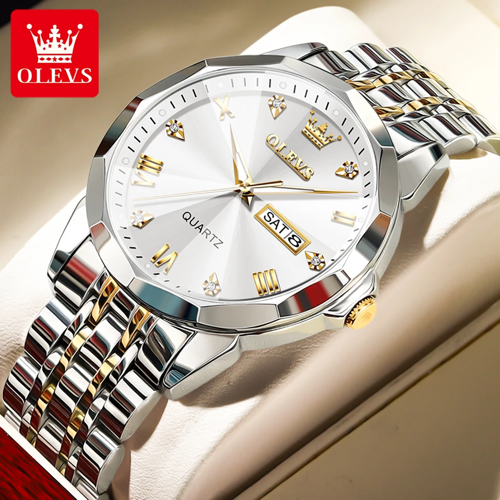 OLEVS Top Men‘s Watches Gold Original Quartz Wristwatch Waterproof Luminous Watch for Male Rhombus Mirror Date Week Luxury Dress