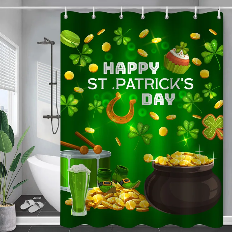 Clover Shower Curtain Cartoon Funny Dwarf Shower Curtains Happy St.Patrick's Day Truck Print Kids Fabric Shower Curtain Liner