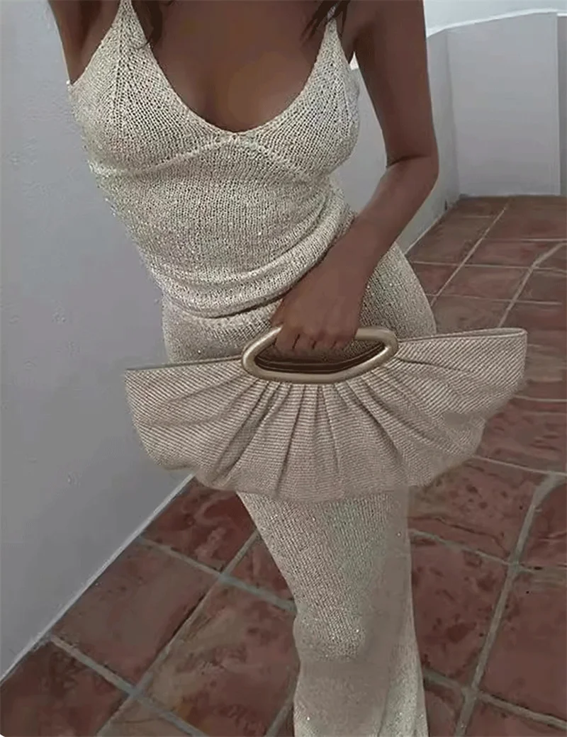 2ピース レディース ロングスパンコールニットドレス セクシーなストラップ付きディープVネック ハイウエストスカート ビキニカバーアップ ビーチラップボトム クロシェ水着