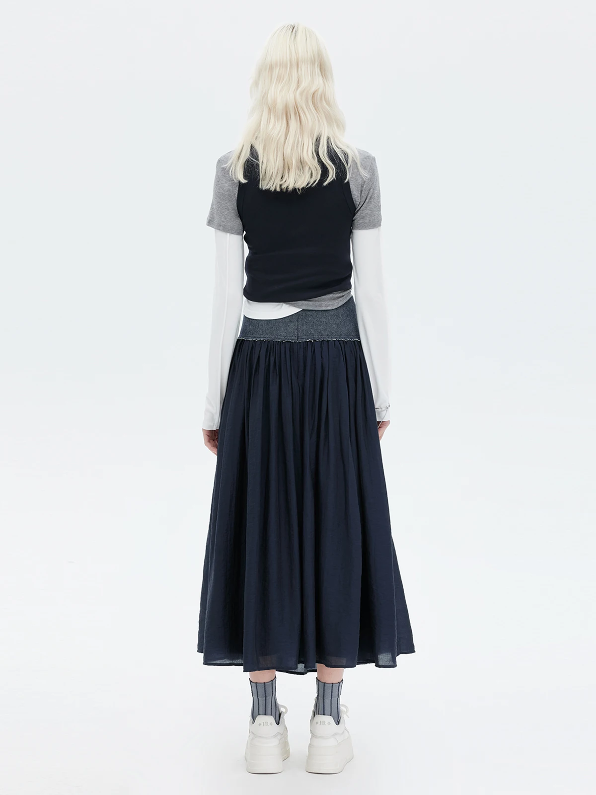 Wiosenno-jesienna nowa damska spódnica do połowy łydki, modna spódnica do pracy z wysokim stanem, ciemnoniebieska, rozkloszowana, długa.