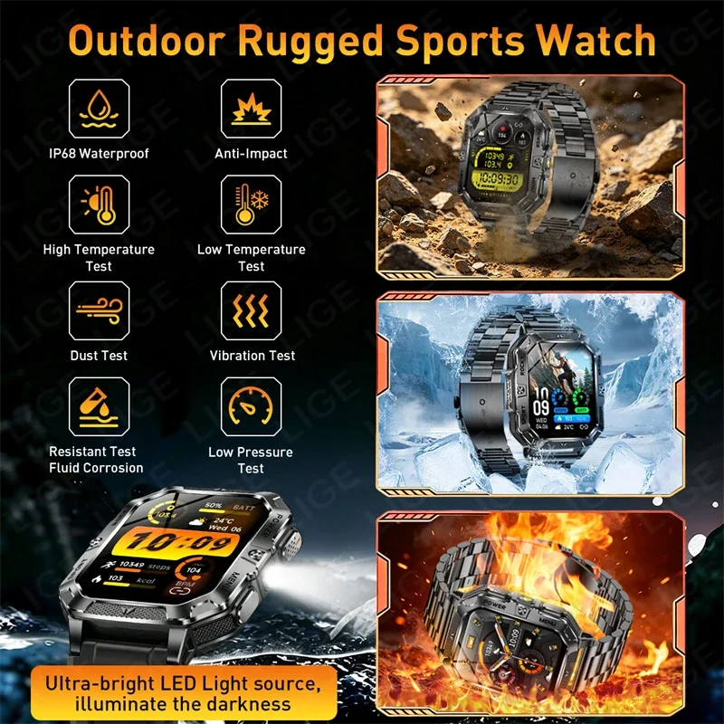 LIGE Military Smart Watch for Men 1400mAh Big Battery Smart Watches Flashlight IP68 Waterproof BT Call Sports Fitness Smartwatch