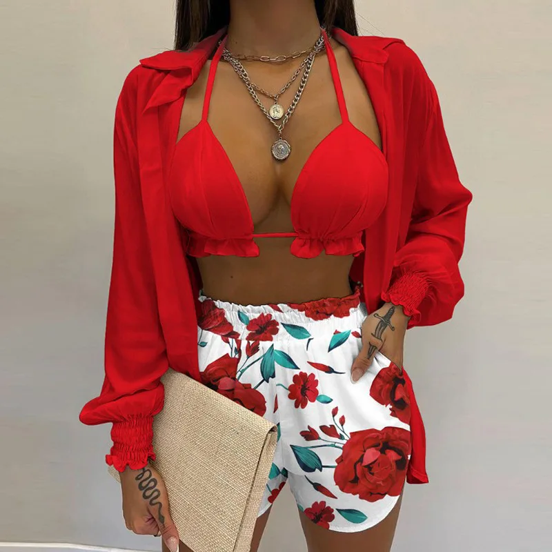 Sommer sexy Bikini dreiteiliges Set Damen bedruckte Langarmhemd Schlinge elastische Taille Shorts Strand party Spring11xx01095