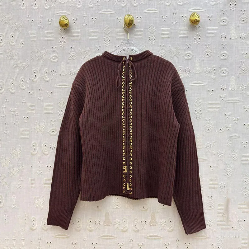 سترة نسائية، بلوفر خلفي برباط أمامي، بلوزة متماسكة عصرية برقبة دائرية وأكمام طويلة، بلوزة من مزيج الصوف عالي الجودة، 2025، y2k