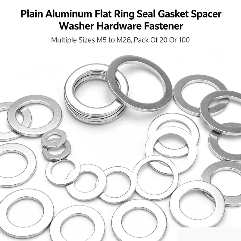Plain Aluminum Flat Ring Seal Gasket Spacer Washer Hardware Fastener, Multiple Sizes M5 to M26, Pack Of 20 Or 100