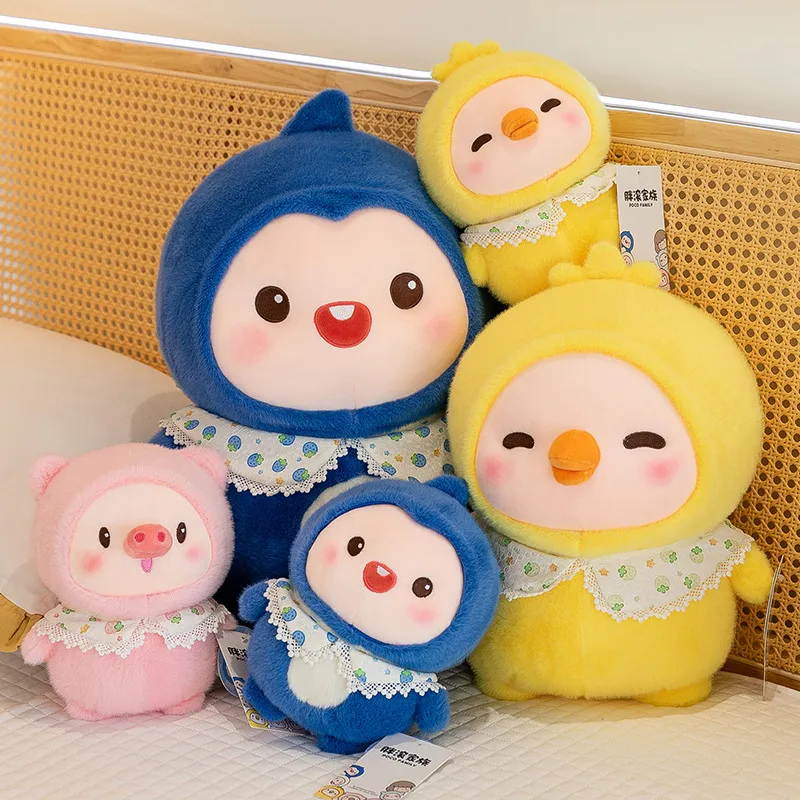 

3 Kinds Colorful Chubby Cartoon Lace Bibs Animals Plush Toys Soft Comfy Cute Penguin Duck Piggy Doll Pretty Home/Car Decor
