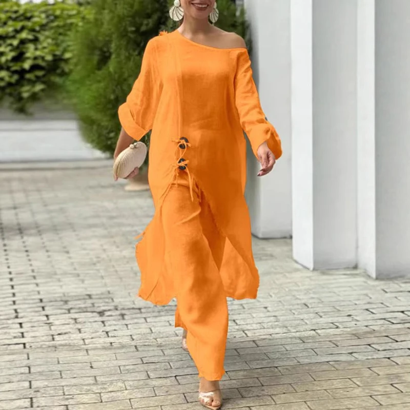 

Spring Summer Casual Solid Vacation Two Piece Suit Women Loose Irregular Robes Outfits Sexy Skew Collar Top Pullover & Pant Sets