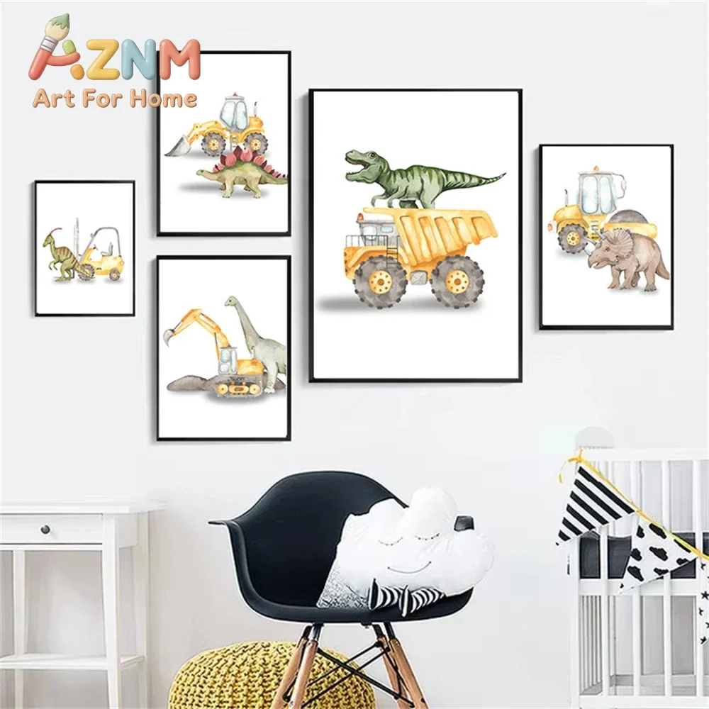 AZNM Watercolor Dinosaur Construction Truck Canvas Poster Excavator Bulldozer Dino Print Boys Kids Nursery Wall Art Unframed Can