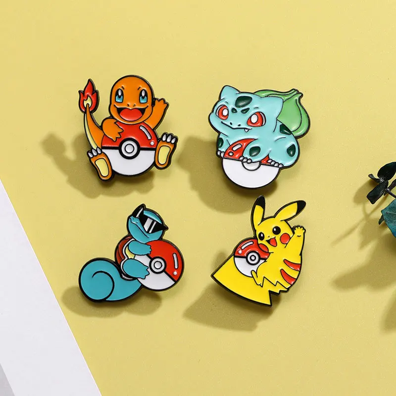 4pcs Pokemon Enamel Pins Set Pikachu & Squirtle Design Metal Brooch Badges Fashion Jewelry Accessory for Clothes Hats Backpacks