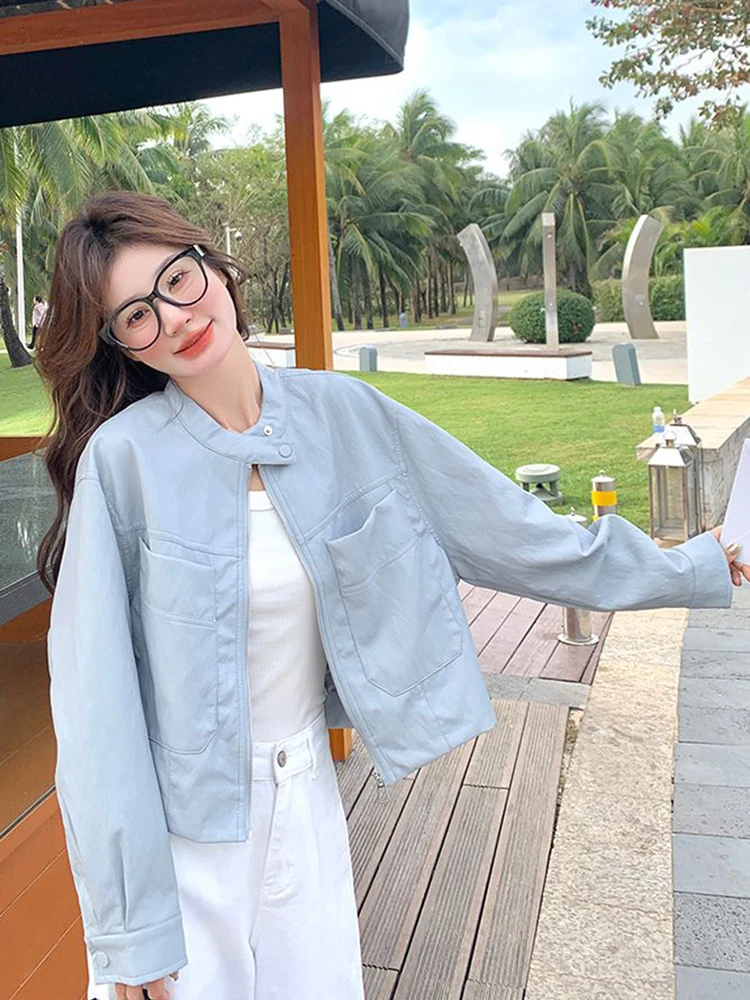 Zoki-Chaqueta de motociclista de Pu para mujer, abrigo corto Vintage de estilo Preppy con bolsillos grandes, Tops bonitos informales coreanos de manga larga Retro con cuello redondo