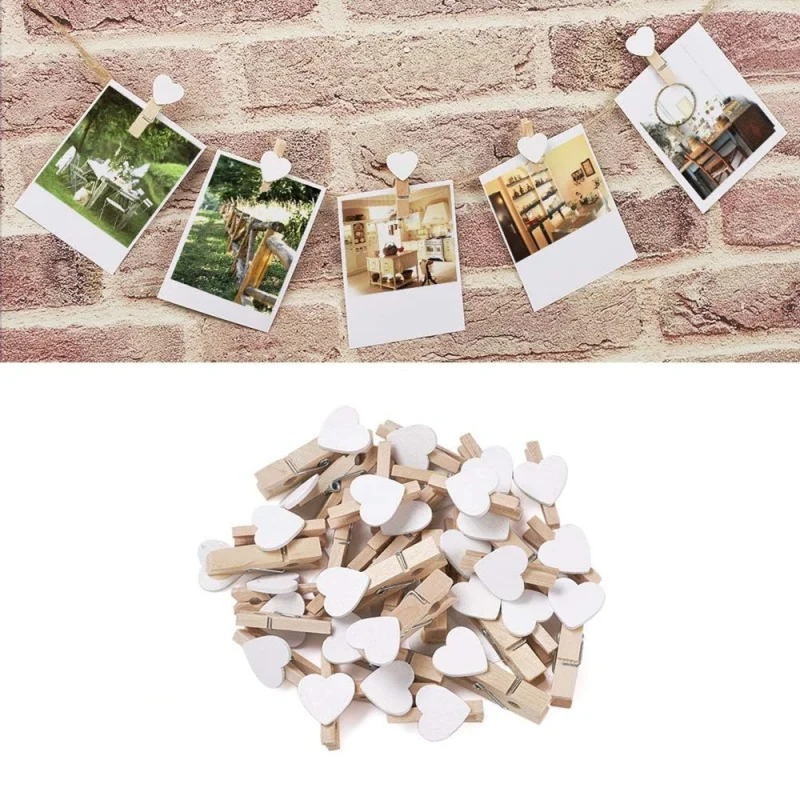 50 Uds. Pinzas para la ropa de corazón blanco, pinzas de madera para papel fotográfico, Clips artesanales para exhibición de fotos de papel, decoración colgante para fiesta en casa y boda